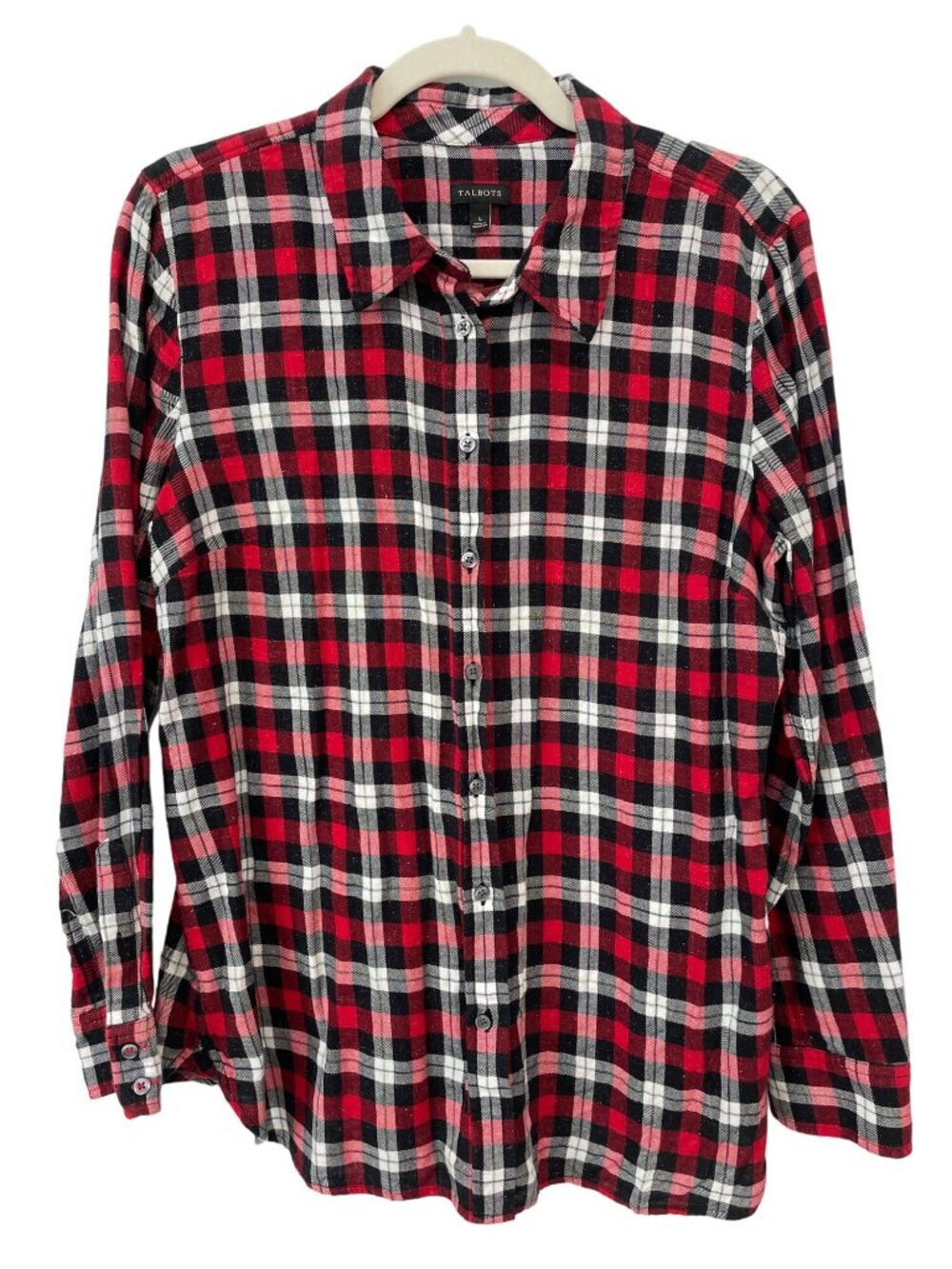 Talbots Shirt Large Plaid Flannel Button Down Red Black Metallic Farm Academia